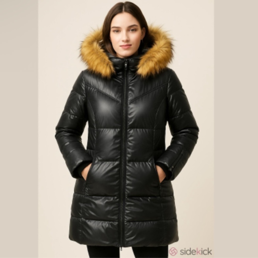 ($800) Women's Black Puffer Coat with Faux Fur Trim